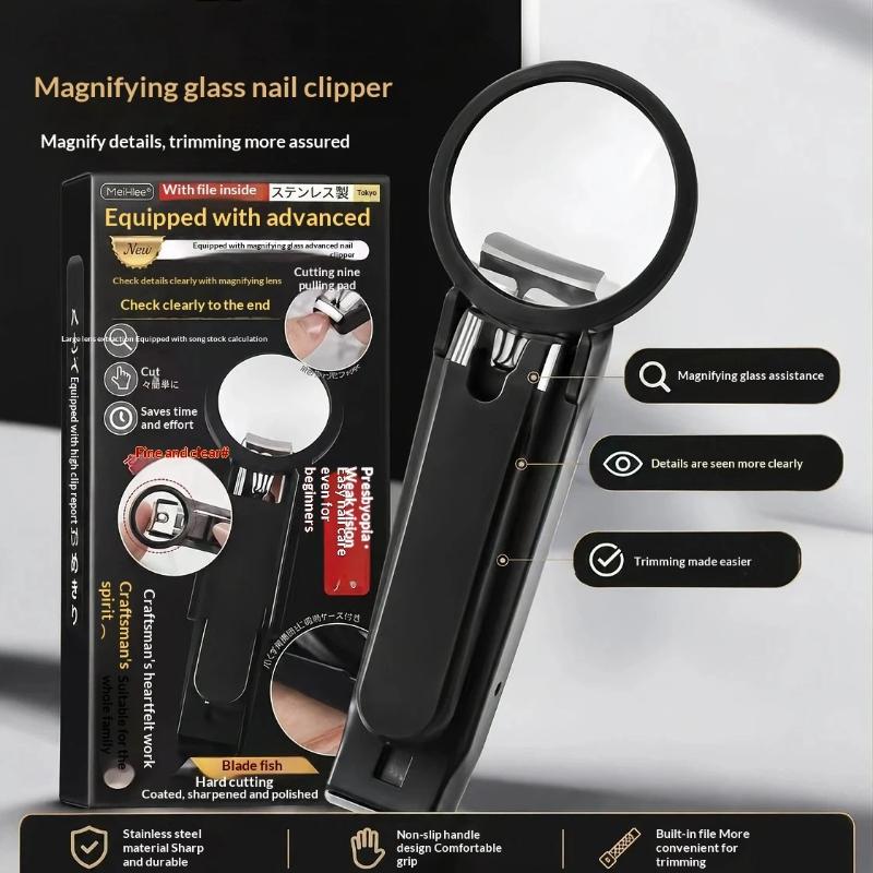 1Pcs Stainless Steel Nail Clipper With Magnifying Glass - Anti-Splash Design, Ergonomic Comfort Grip For Elderly Precise Cutting