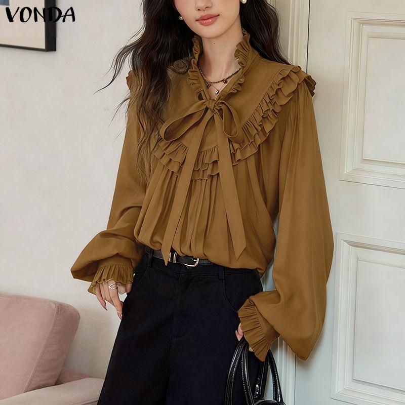 VONDA Elegant Women Bows Tie Ruffled Loose Casual Long Sleeve Blouse