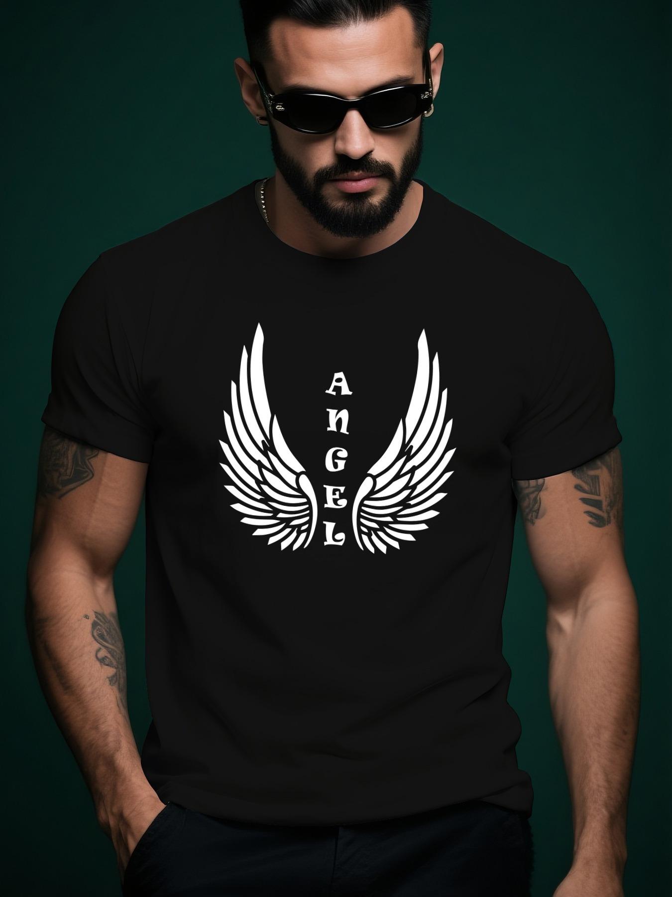 Summer Tshirt with Angel Wings Graphic - Red Crew Neck Sh... L