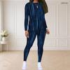 Women Plus Size Dark Blue Printed Round Neck Long Sleeve Top Fitted Pants Two Piece Set