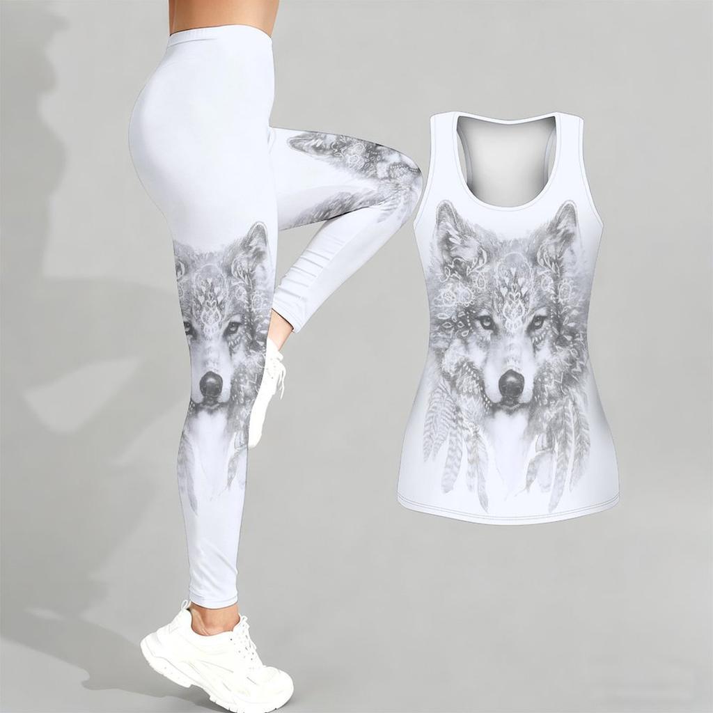 Loyales Tiermuster Druck Yoga Outfit für Damen Mode Workout Leggings Fitness Sport Lässiges Yoga Set Sportanzug