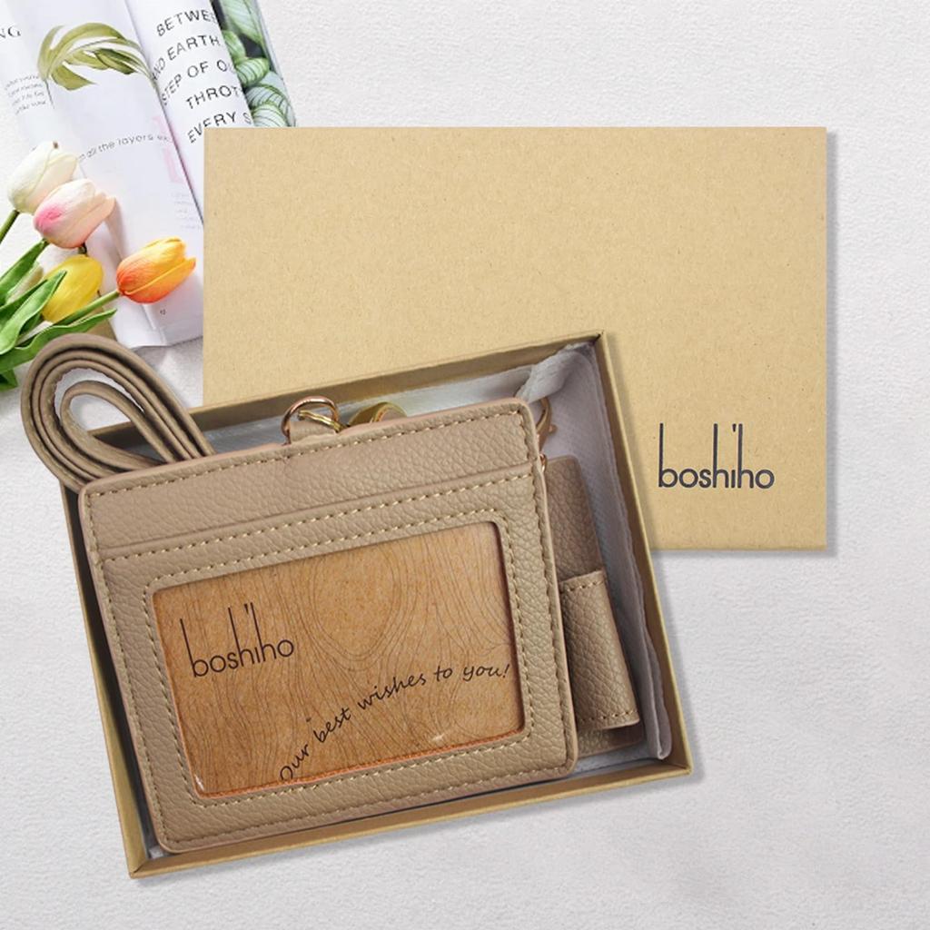 boshiho Name Tag Case, Neck Hanging, Stylish, Horizontal, Double-Sided, Reel, Pen Holder, Neck Strap Included, Genuine Leather, ID Card Holder