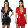 2025 Colorful PU Leather Deep V-Neck Short Dress with Zipper