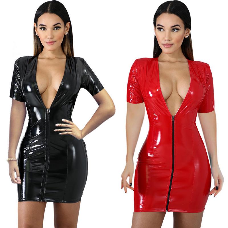 2025 Colorful PU Leather Deep V-Neck Short Dress with Zipper