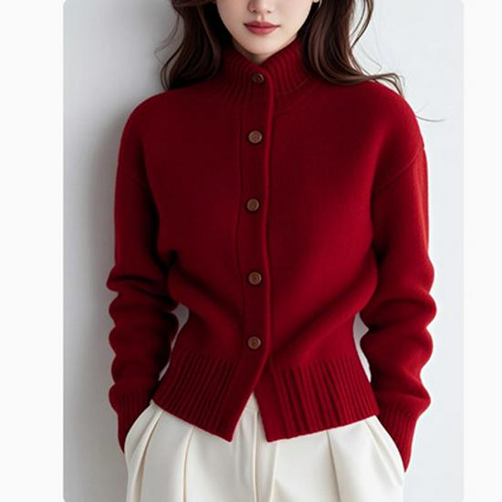 2024 Red Turtleneck Wool Knit Cardigan – Stylish Slim-Fit Sweater