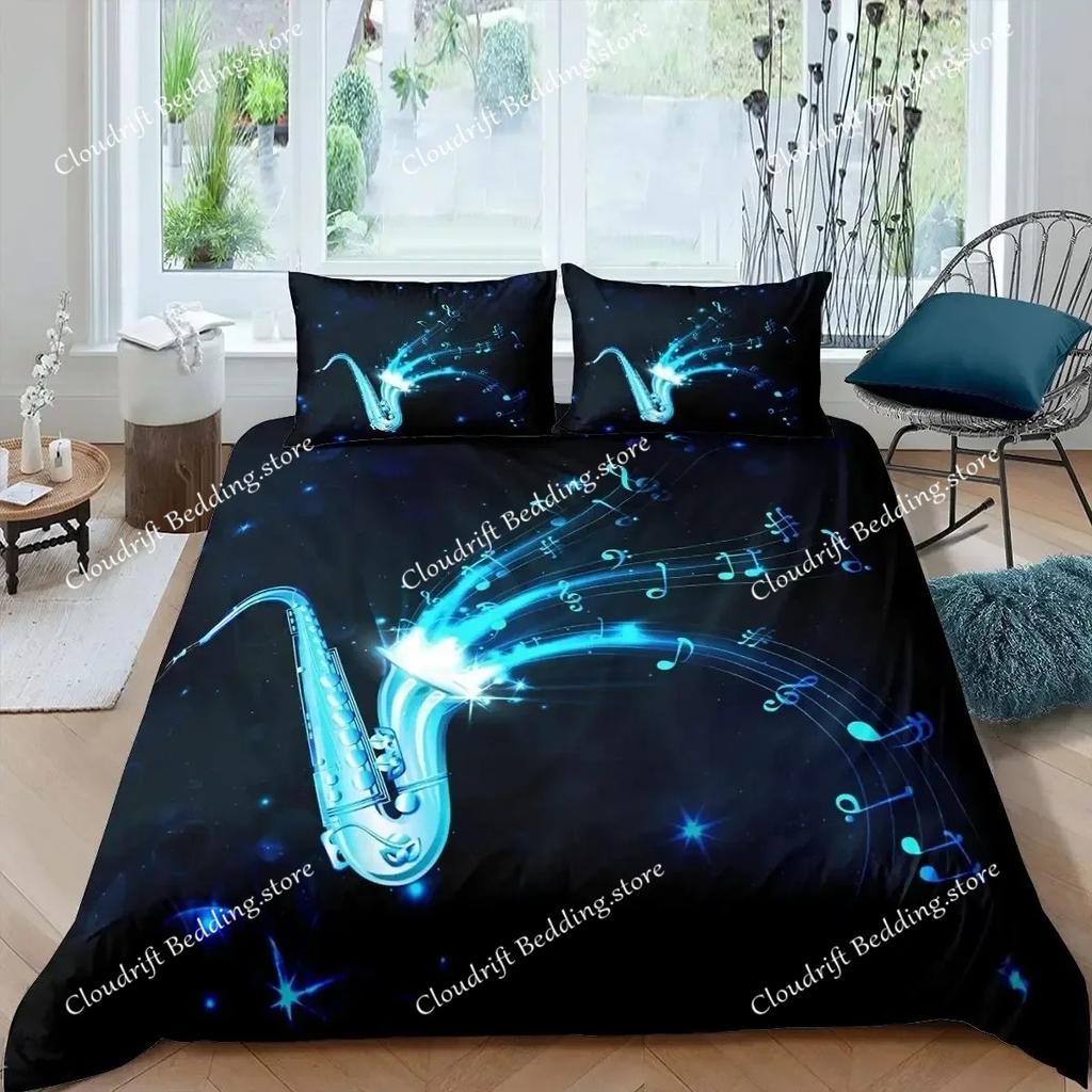 Saxophone Duvet Cover Set Rotating Musical Notes Bedding Set Musical Instrument Retro Jazz Music Twin 3D Quilt Cover for Kids