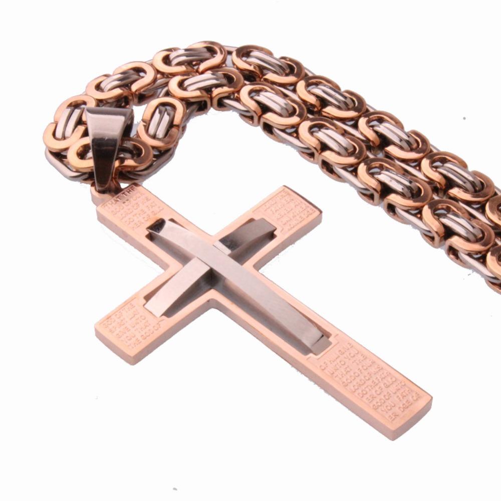 Fashion Rose Gold Cross Pendant Necklace Male Gift Trendy Stainless Steel 6mm Flast Byzantine Chain