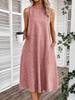 Women's Round Neck Sleeveless Midi Dress Loose Fit High Waist Casual A-Line Dress With Pockets
