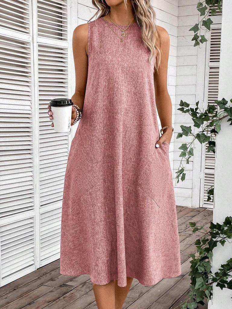 Women's Round Neck Sleeveless Midi Dress Loose Fit High Waist Casual A-Line Dress With Pockets