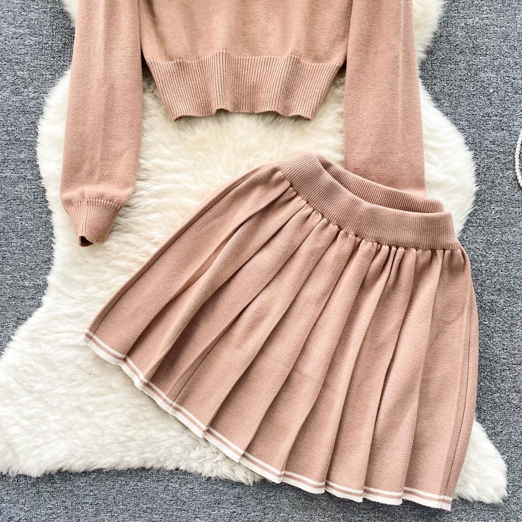 Móda Podzimní Pletený Twist Svetr Dívčí outfity Preppy Styl Dámské Single Breasted Coat Jacket+ Mini plisovaná sukně Sada dvou kusů