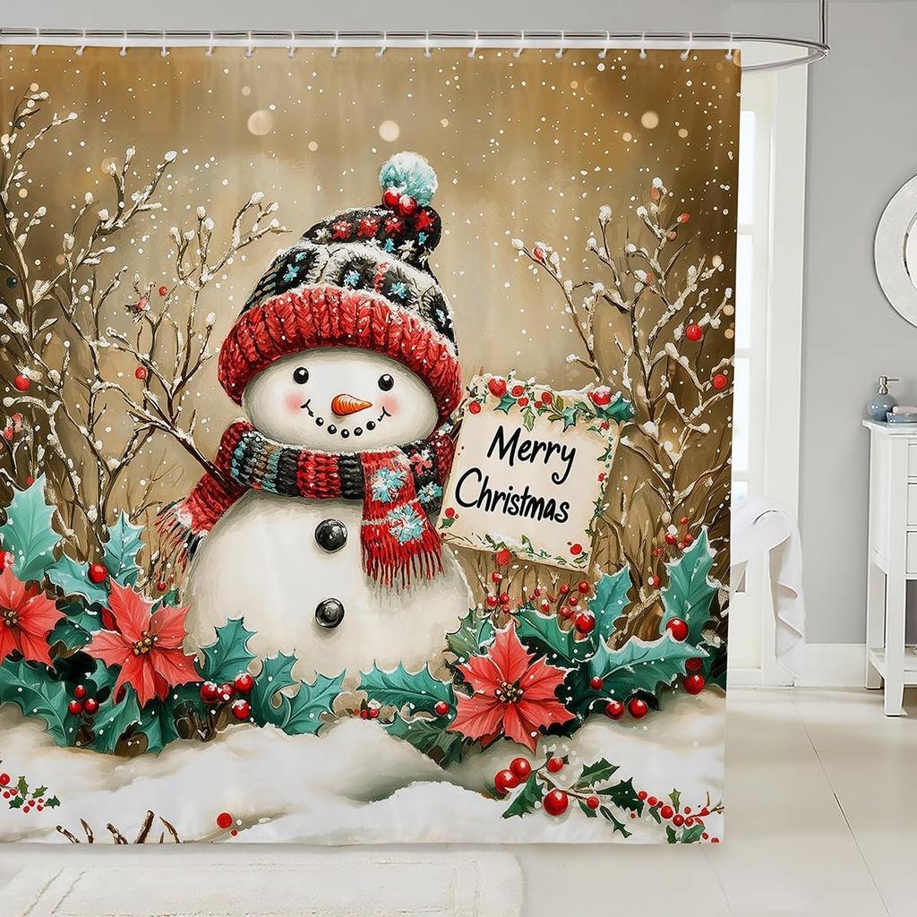 Christmas Happy Santa Claus Shower Curtain Red Xmas Decorations Fabric Shower Curtain,White Snowflake Bathroom Shower Curtain