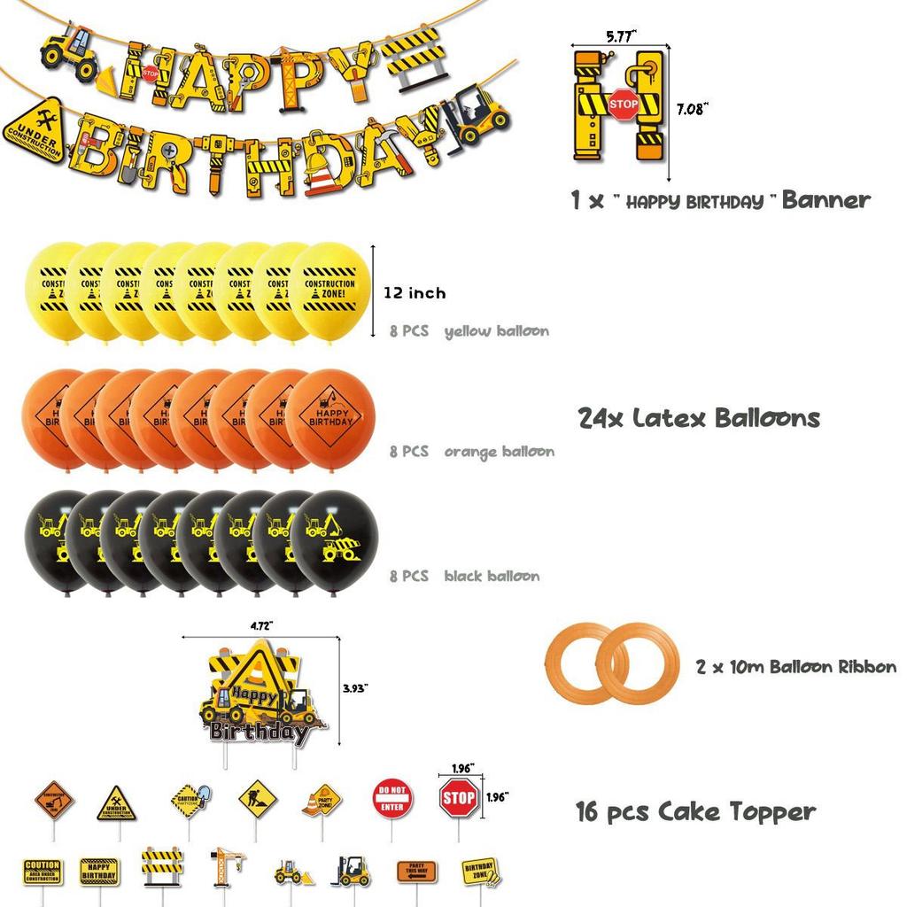 Construction Engineering Vehicle Theme Party Decoration Set, Children's Bulldozer, Birthday Banner, Cake Insert, Excavator Balloon Set