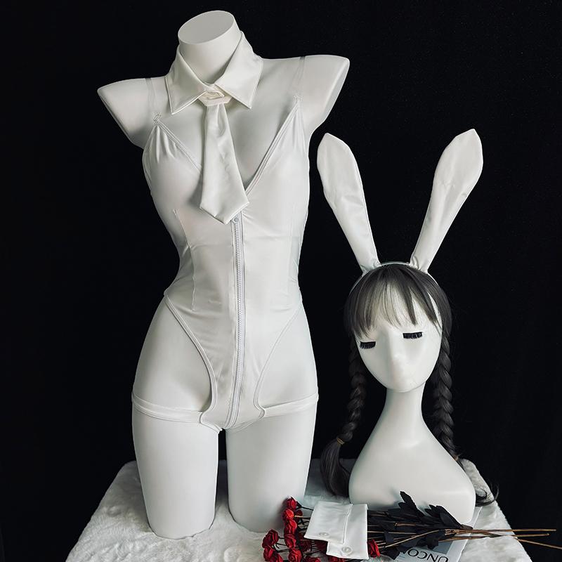 Hot Erotic Original Sexy Cute Bunny Girl Cosplay White Faux Leather Zipper Jumpsuit Backless Halloween Temptation Anime Lingerie