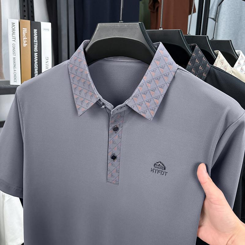 Light Luxury Summer Business and Leisure Dad's Dress Flip Collar Ice Silk Half Sleeve Printed Bottom Polo Shirt