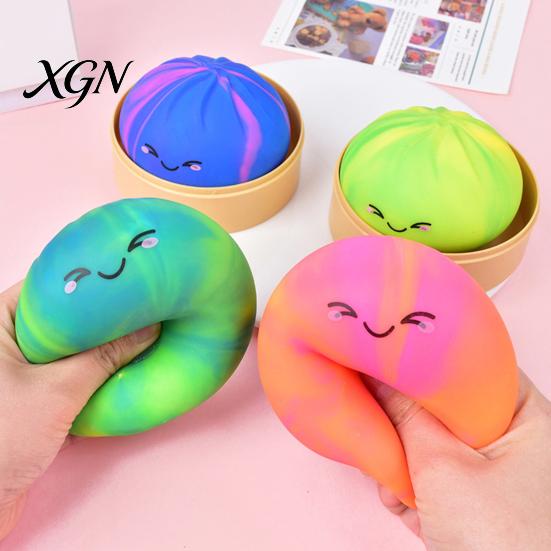 Bun Fidget Toy with Steamer Rainbow Steamed Stress Ball Anti-Anxiety Colorful Smiling Dumpling Soft Squeeze Simulated Dough Sensory