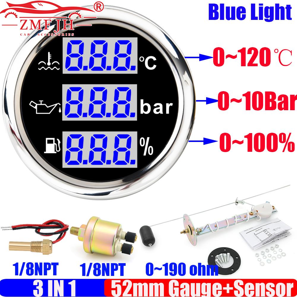 ZMFJH Blue LED Digital 3 IN 1 52MM Water Temperature Gauge+Oil Presssure+Fuel Gauge with Alarm Sensor Set for Car Boat 12V24V