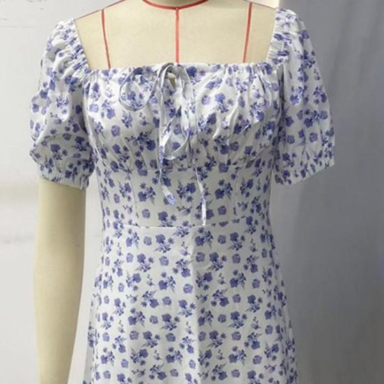 Women Dress Square Neck Elastic Vintage High Waist Pullover Refreshing Flower Print