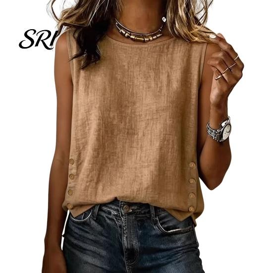 Lightweight Breathable Shirt Summer Tops for Women, Round Neck Sleeveless Pullover Tops, Pure Color Stretchy Loose Fit Regular Vest Work Party