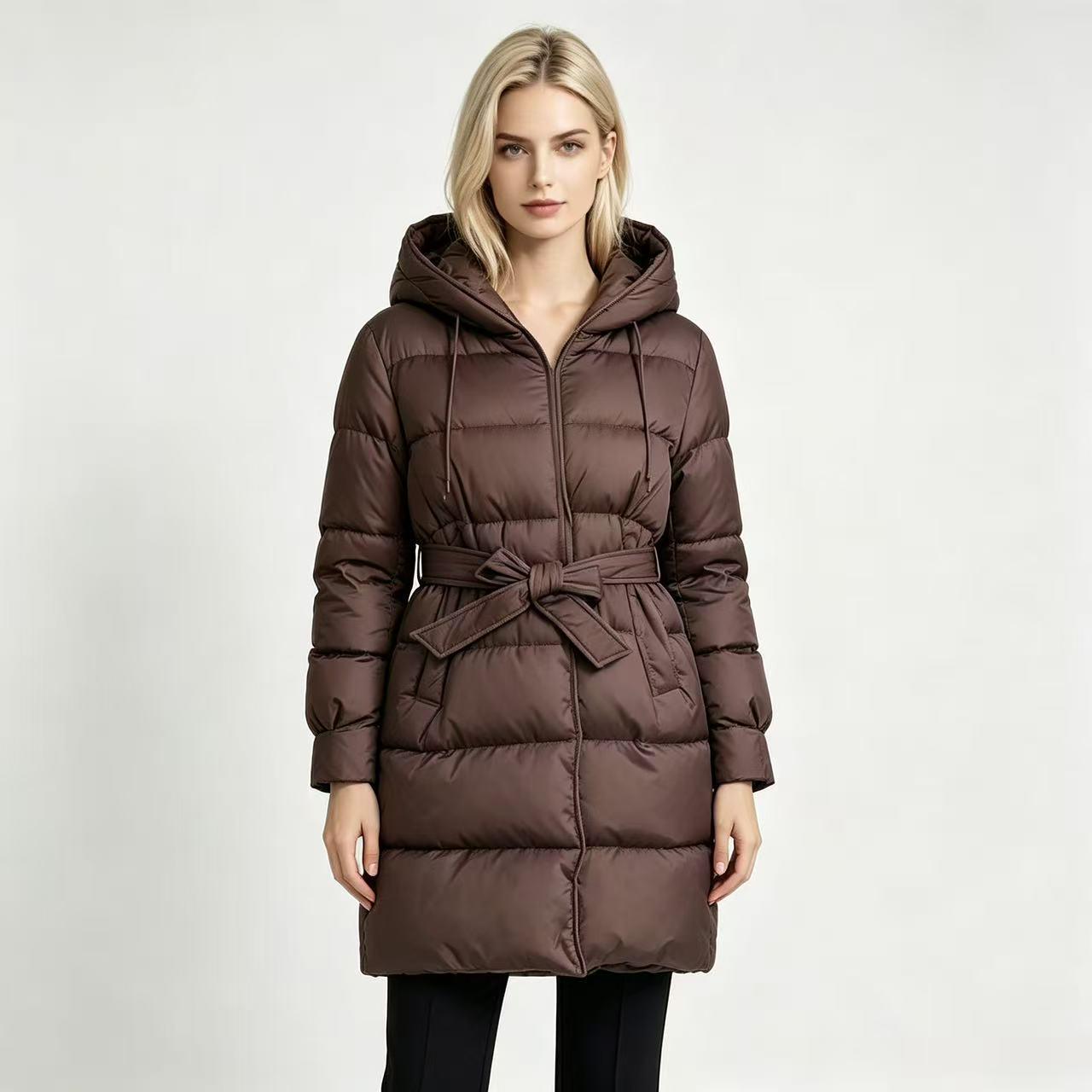 Women`s Hooded Waist-Cinch Mid-Length Cotton Jacket