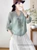 2026 Summer Women's V-Neck Floral Embroidered Linen Shirt - Artistic, Loose Fit, Three-Quarter Sleeves, Chinese Style