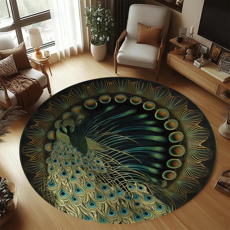 

Luxury Round Area Rug Peacock Feather Non-Slip Retro Art Decor Floor Mat Washable Elegant Green Carpet for Living Room Bedroom 80X80CM