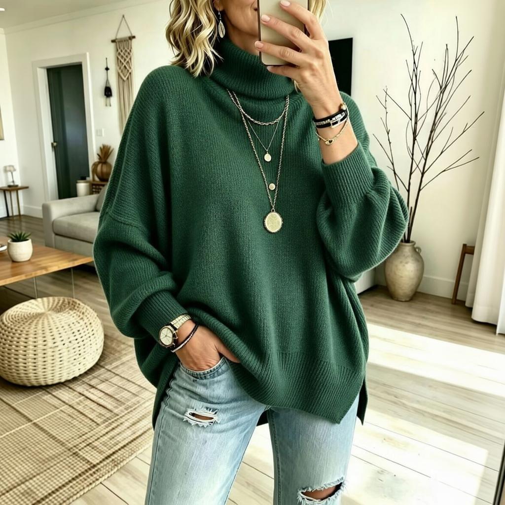 Women's Color Turtleneck Long Sleeve Knit Pullover Sweater with Side Slits