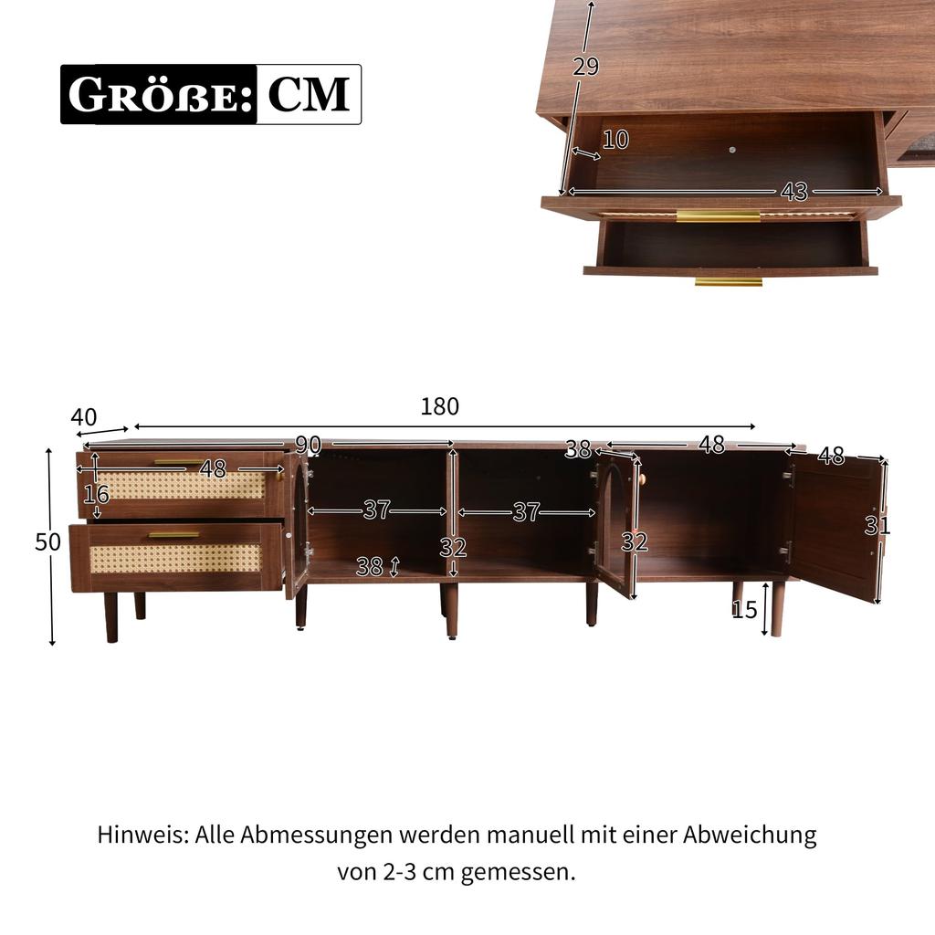 TV Board TV-Schrank Lowboard 2 Schubladen, 2 gewölbten Glastüren, 1 Rattan-Tür, TV-ständer Fernseher bis zu 80 Zoll, 180 cm, Wohnzimmer, Braun