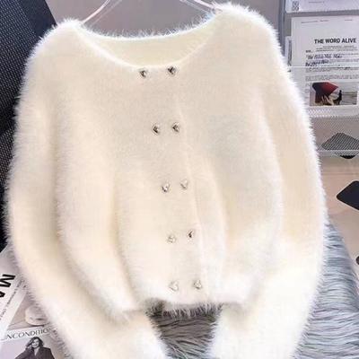Autumn Spring Women Full Sleeve Doulbe Breasted Soft Imitation Mink Fur Mohair Knit Sweater Cardigans Coat