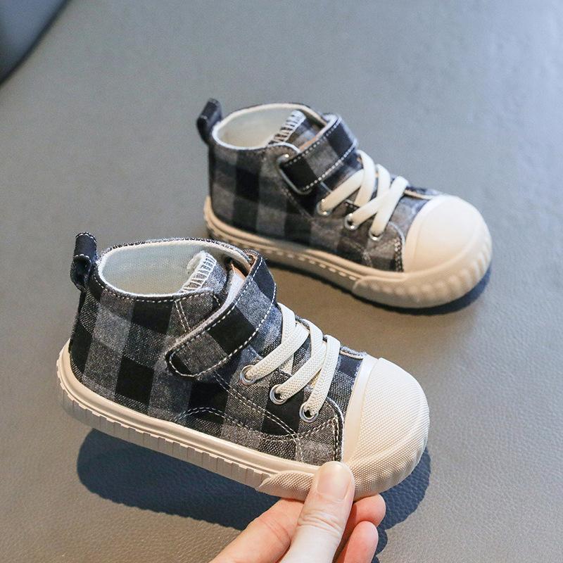 Newest Fashion Little Kids Boys And Girls Gingham High Top Canvas Shoes Toddler Baby Walking Shoes Size 22