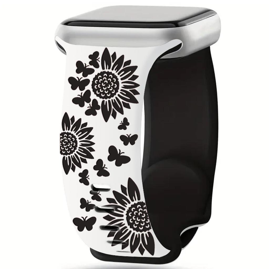 Two-Color Laser Engraved Butterfly & Flowers Silicone Apple Watch Band