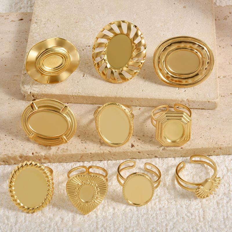 DIY Cabochons Jewelry Ring 1Pcs Adjustable Open Stainless Steel Heart Sun Leaf Motif for Anniversary Gift for Her