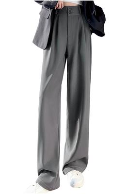 Necoat Long Slim Size for Office Casual Wear Women's High-Waisted Button-Down Pants, Fit, Gray, M,