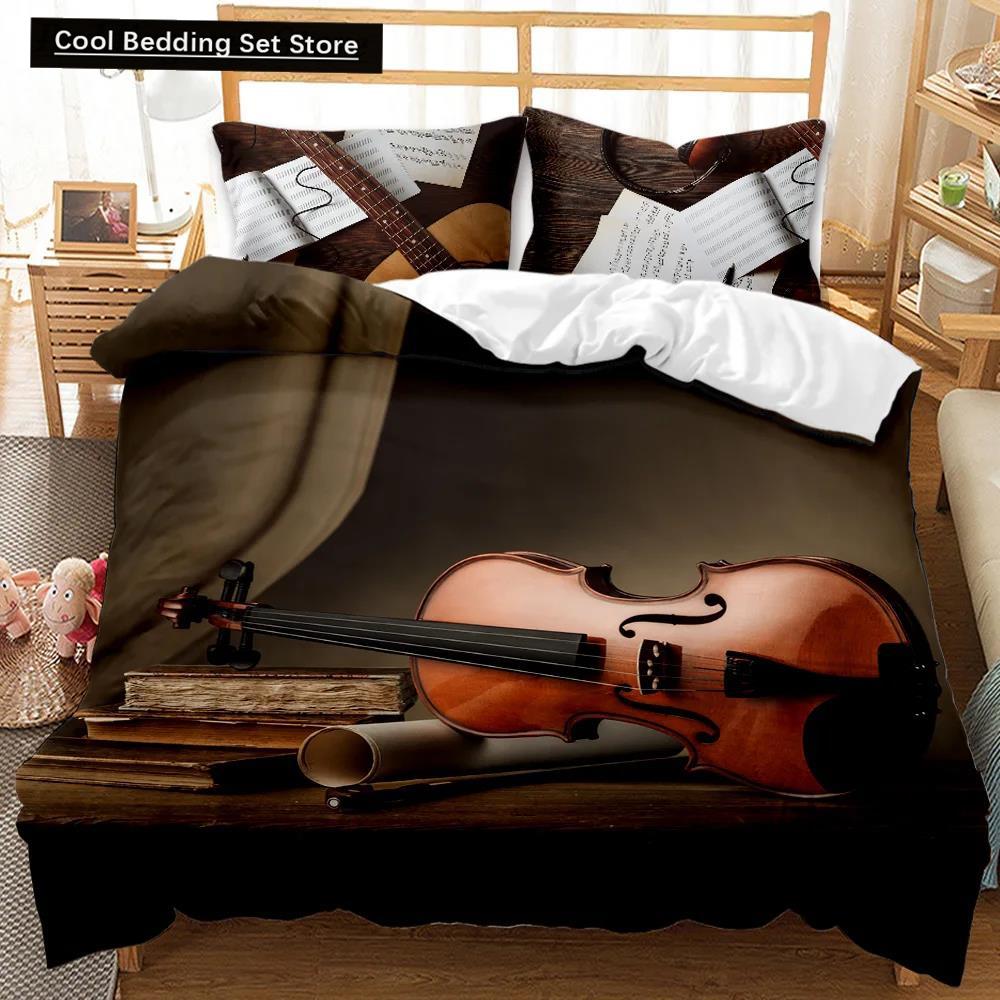 Music Duvet Cover Music with G-Clef Black Instrument Twin Bedding Set Monochrome Creative Rhythmic Ornate Polyester Qulit Cover
