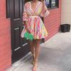 Women's Colorful Striped V-neck Dress with Belt Long Sleeve V-neck Casual Short Dress