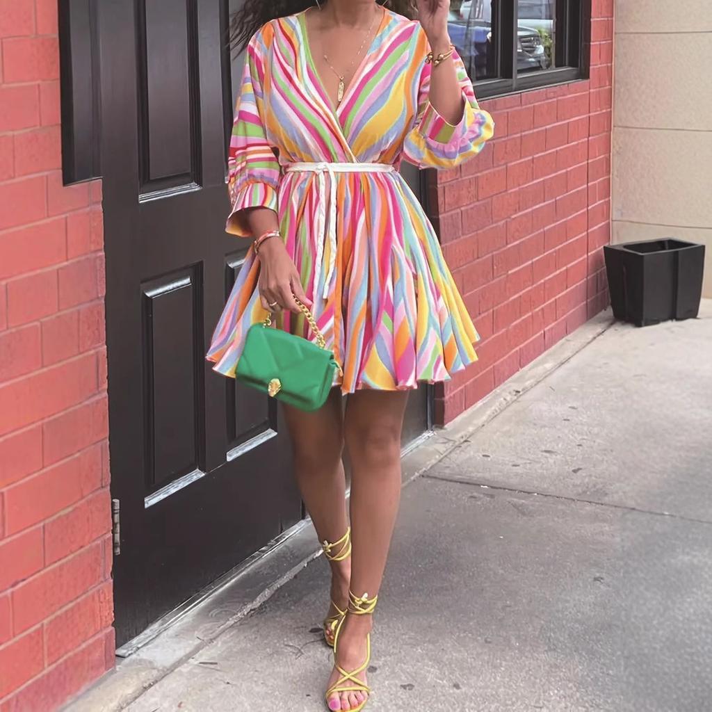Women's Colorful Striped V-neck Dress with Belt Long Sleeve V-neck Casual Short Dress