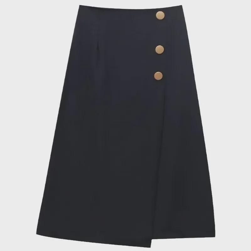 Dámská jarní a letní sukně áčkového střihu s vysokým pasem: Zeštíhlující, ke kolenům, módní pro práci i každodenní nošení