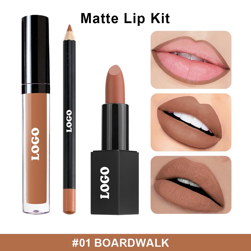 Wasserfestes Mattes Samt-Lippen-Set: Nicht-Klebender, Nicht-Verblassender Lippenstift, Konturenstift und Gloss.