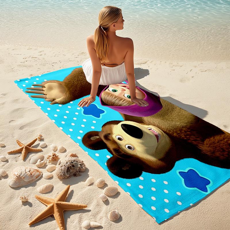Fairy Tale Cute Cartoon Masha and the Bear Beach Towel, Outdoor Camping Beach Towel for Vacation Swimming, Outdoor Pool, Absorbent Bath Towel, H8