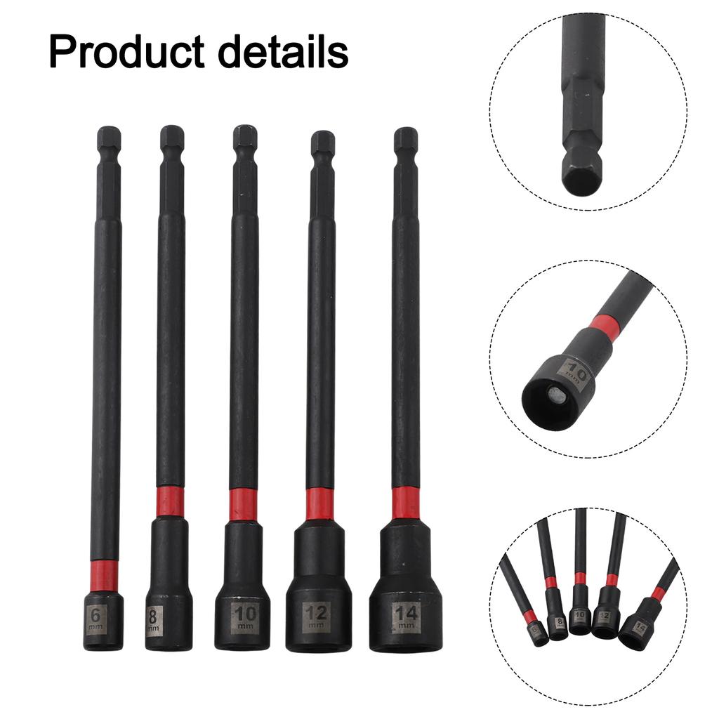 5PCS 6 Inch Magnetic Long Nut Driver 8-14mm For Impact Drill Long Shank Nut Driver Bits Hex Socket Adapter