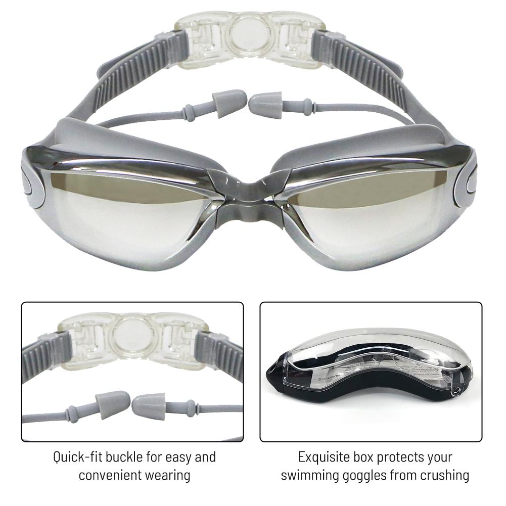 Swimming Goggles with Attached Earplugs Anti-Fog No Leaking Comfortable Electroplated Swim Goggles with Box for Adult Women Men Youth