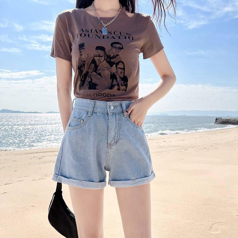 Women's High Waist Cuffed Denim Shorts - Casual Korean Style Wide Leg A-line Hot Pants