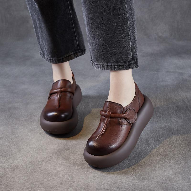 Spring Autumn High-heeled Leather Shoes with Thick Soles, Women's Retro Single Shoes