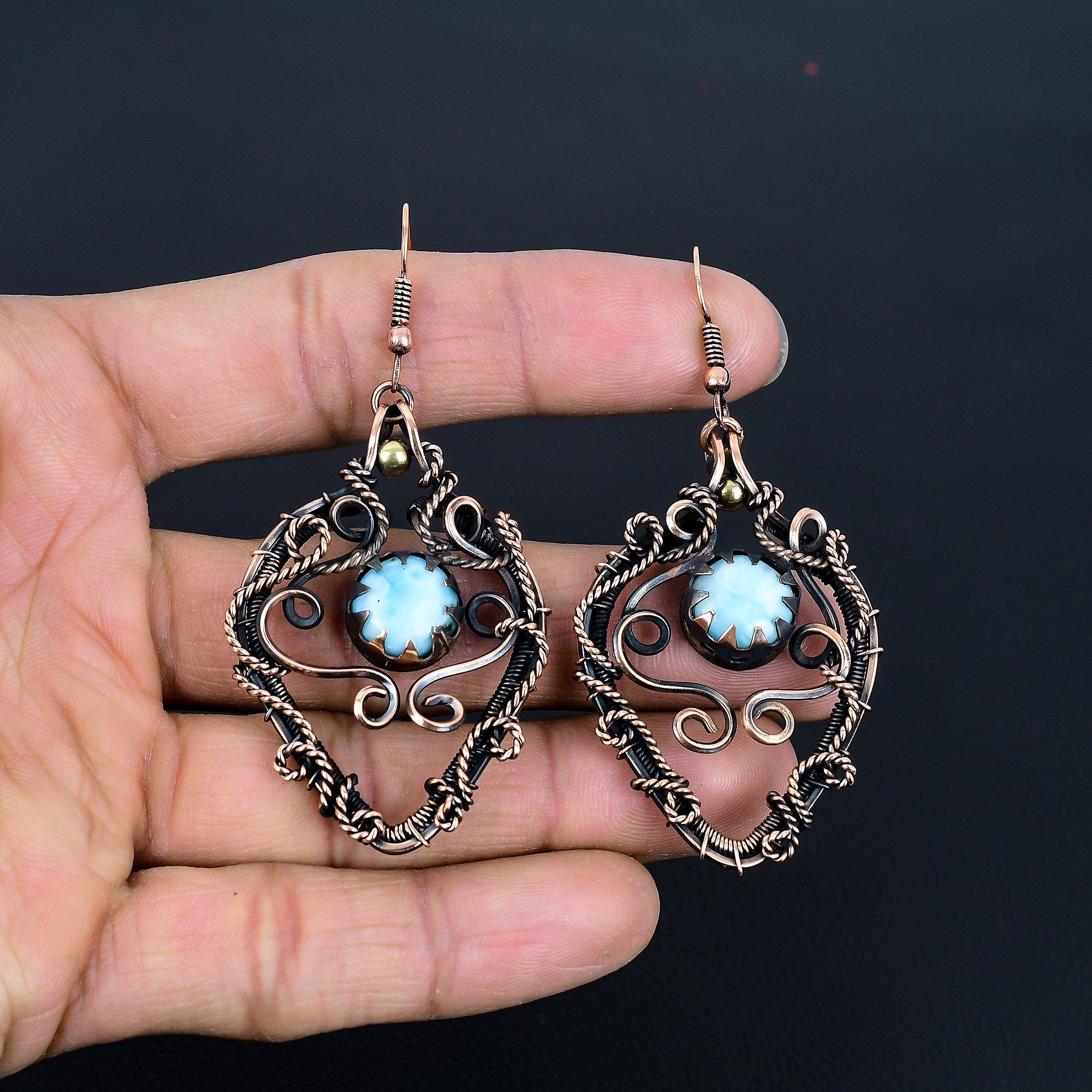 

Larimar Earrings, Handmade Gemstone Earrings, 999 Copper Wire Wrapped Earrings Antique Jewelry, For Engagement Gift 2.28 Inches синий