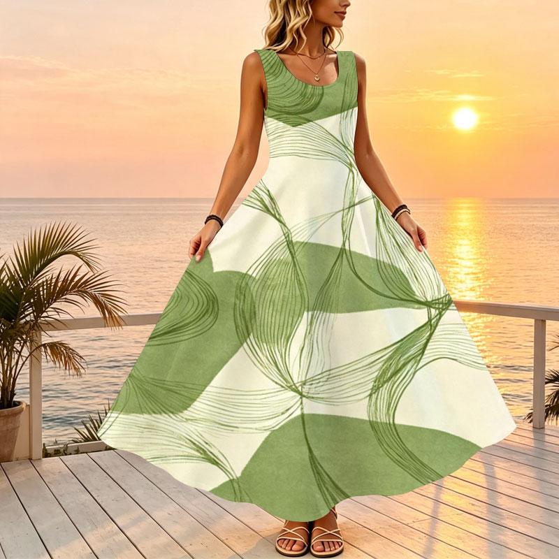 Sleeveless Fresh Green & White Flowy Maxi Dress Lightweight Elegant Beach Vacation Dress for Photoshoot,Casual Daily,Flattering for Women
