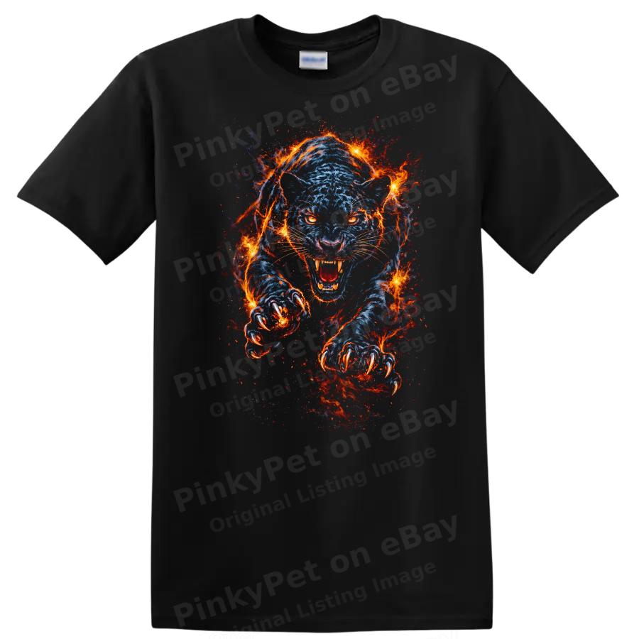 Fierce Blue Panther Graphic T Shirt with Flames Wild Animal Tee