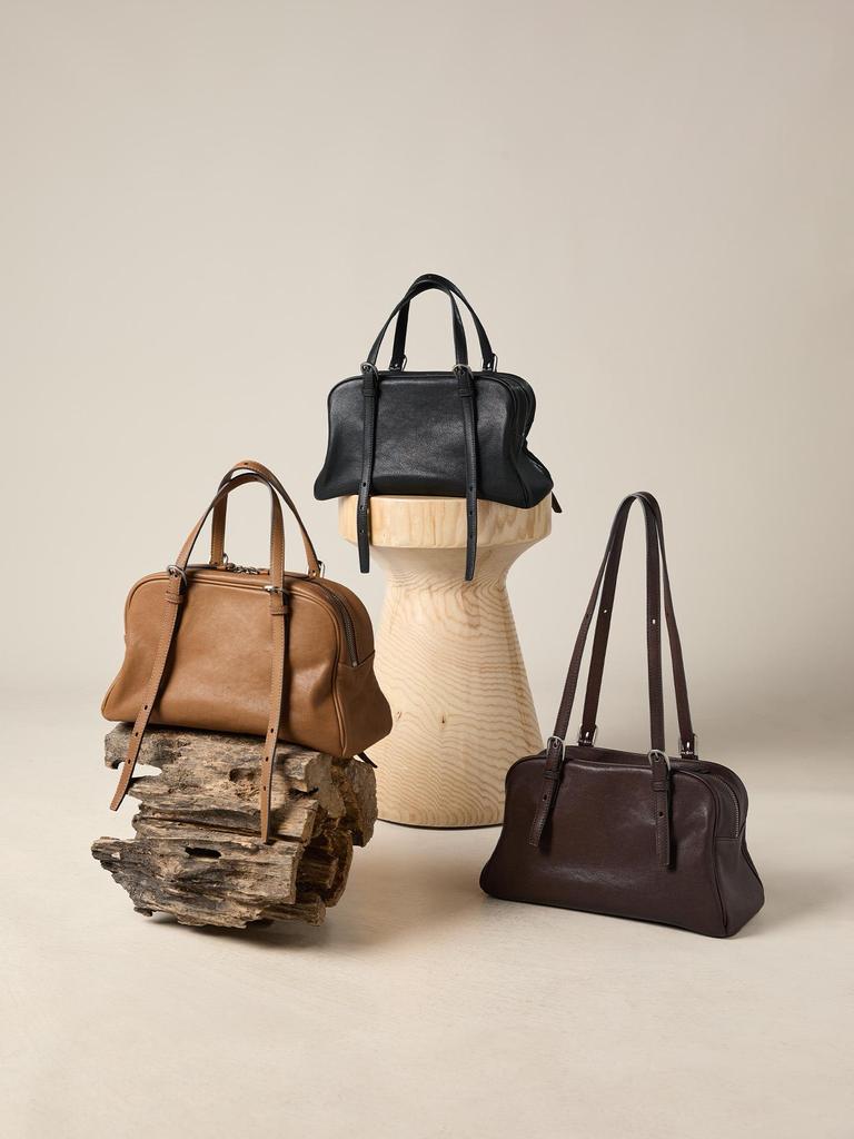 Bolsa de Bowling Casual Retrô Qiu Zhen Youyou Feminina – Bolsa de Mão e Bolsa de Ombro de Couro de Cordeiro Genuíno de Grande Capacidade