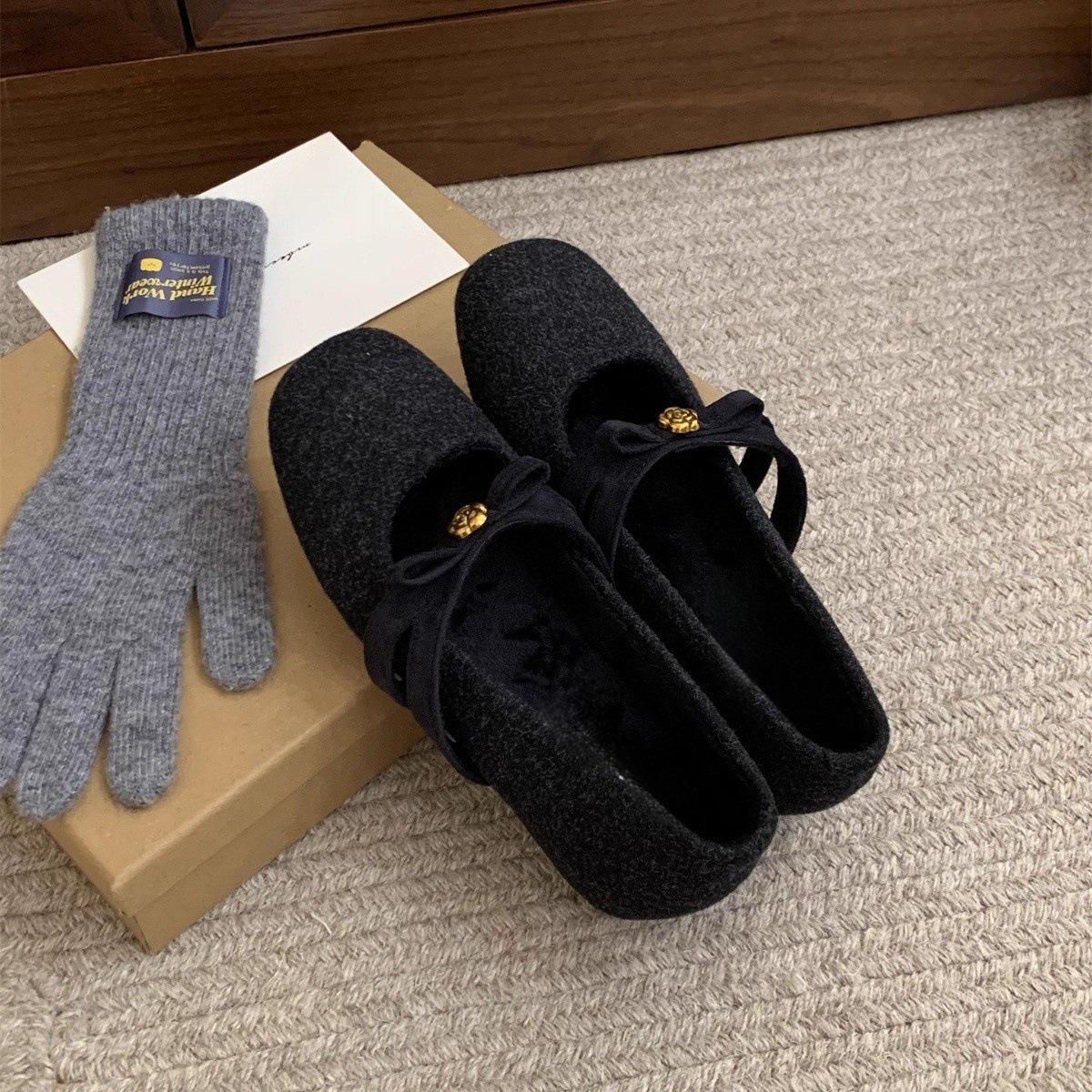

Inner height increase fluffy single shoes winter one-pedal bow velvet Mary Jane shoes 40 чорний
