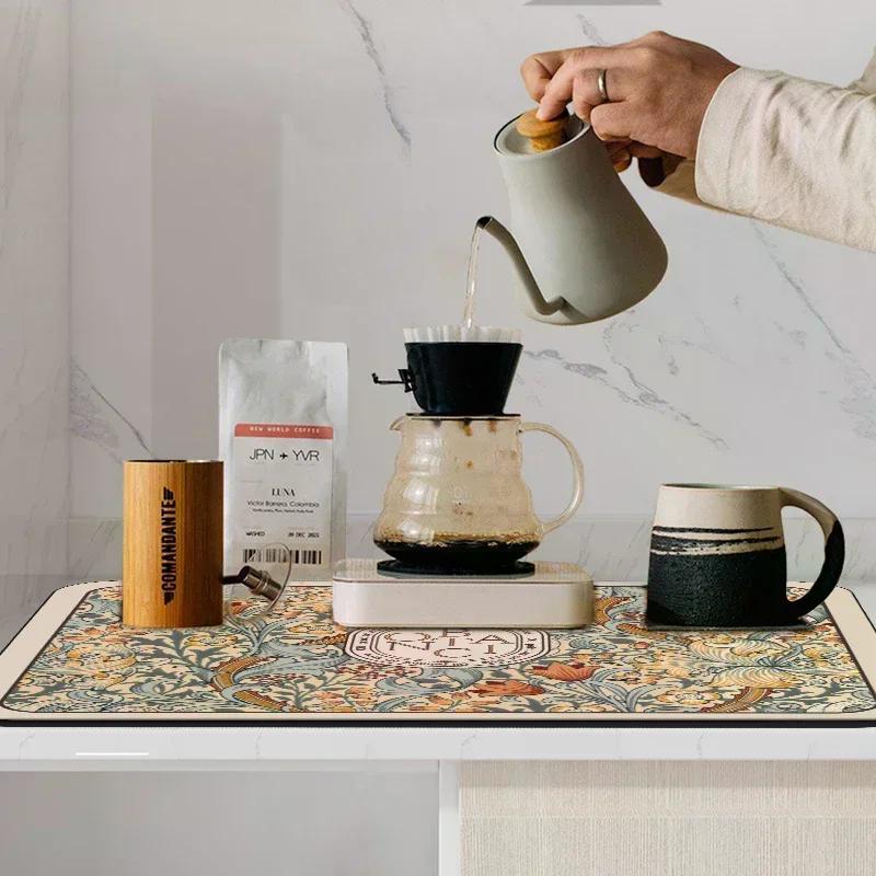 Printed Dish Drying Mat Super Absorbent Coffee Drain Pad Tableware Draining Pad Quick Dry Rug Kitchen Dinnerware Placemat