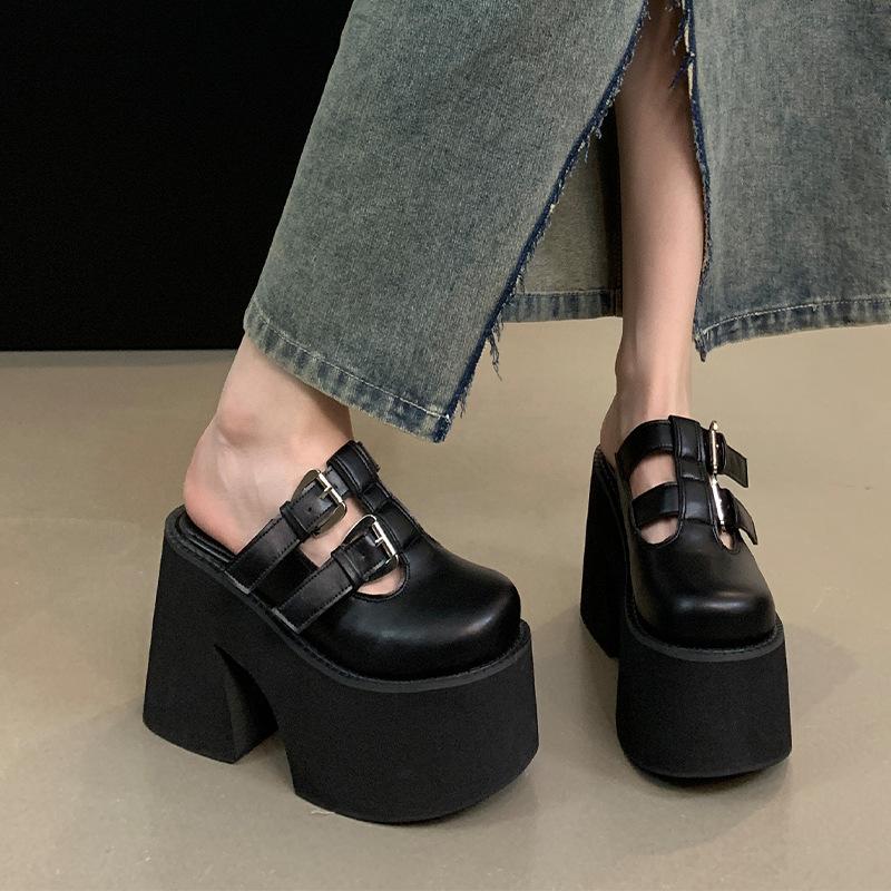 Fashion 11cm Block Heels Shoes Black Close Toe Slippers Punk Buckle Platform Chunky Heeled Sandals Summer Women Leisure Sandalias Mujer