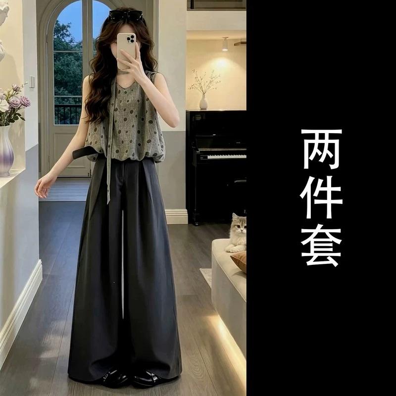 Unique and beautiful summer Korean polka dot top wide-leg pants children cold and relaxed wear two-piece set